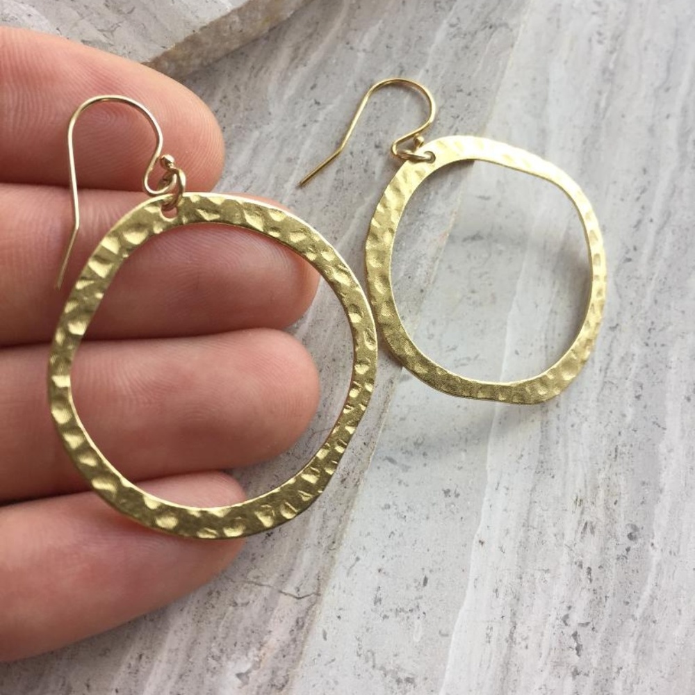 14K gold/sterling silver Hammered Hoop Earrings - Picture 3 of 3